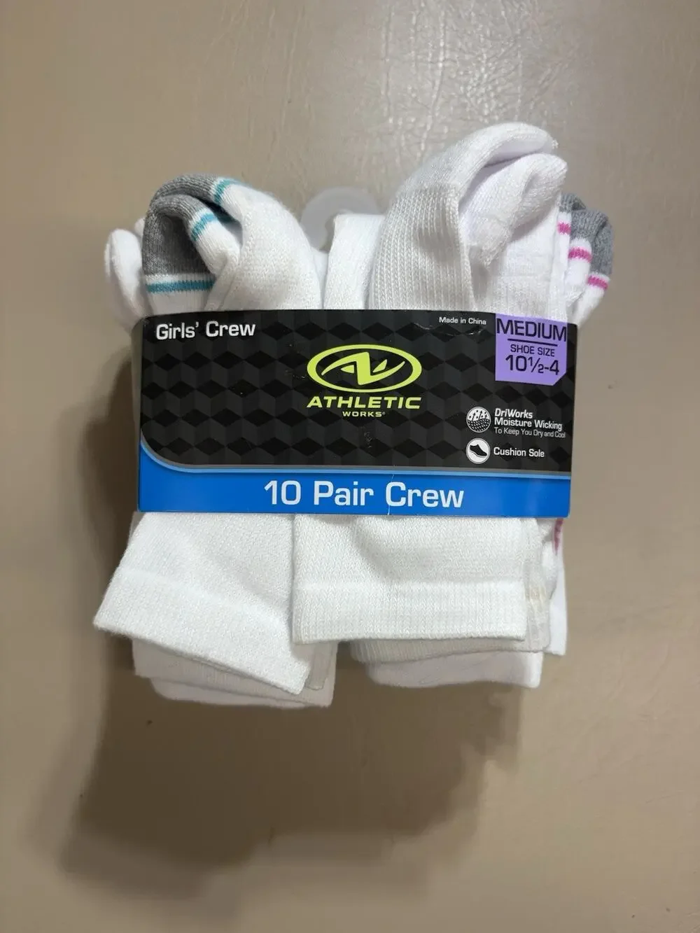 Athletic Works Girl's Crew Socks 10 PAIRS Shoe Size 10.5-4 Cushioned WHITE